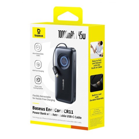 Powerbank 10000mAh 45W USB-C EnerCore CR11 ze zwijanym kablem USB-C - czarny BASEUS
