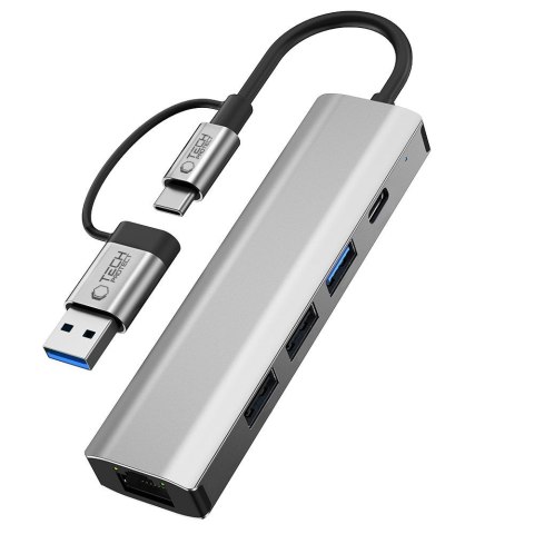 Adapter HUB 5w1 USB-C USB-A Ethernet RJ45 - szary Tech-Protect