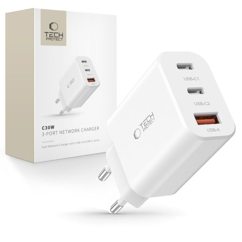 Ładowarka sieciowa 2x USB-C PD / USB-A QC 30W - biała Tech-Protect