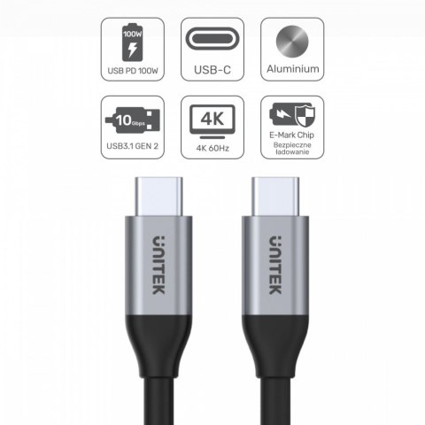Kabel USB-C - USB-C PD, 10Gbps, 4K60Hz, 1m, M/M; C14082ABK Unitek