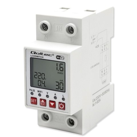 Przekaźnik 63A na szynę DIN z licznikiem energii elektrycznej | Timer | Tuya | Wi-Fi | LED 