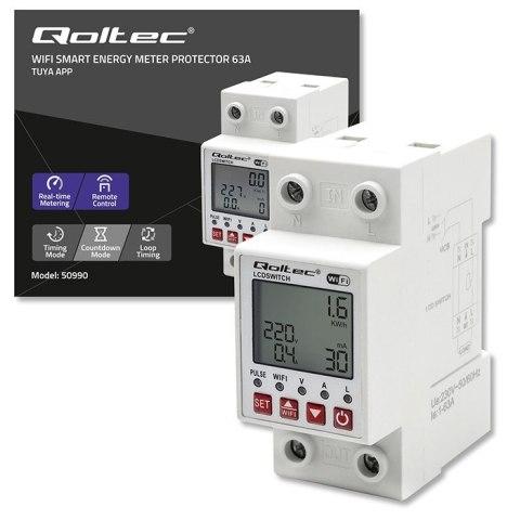 Przekaźnik 63A na szynę DIN z licznikiem energii elektrycznej | Timer | Tuya | Wi-Fi | LED 