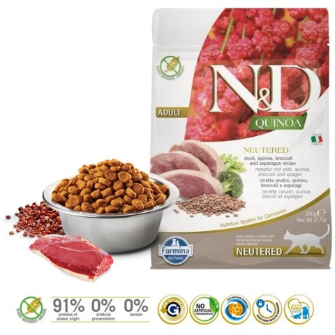 FARMINA N&D Quinoa Cat Duck, Broccoli, Asparagus Neutered Adult - sucha karma dla kota - 300 g