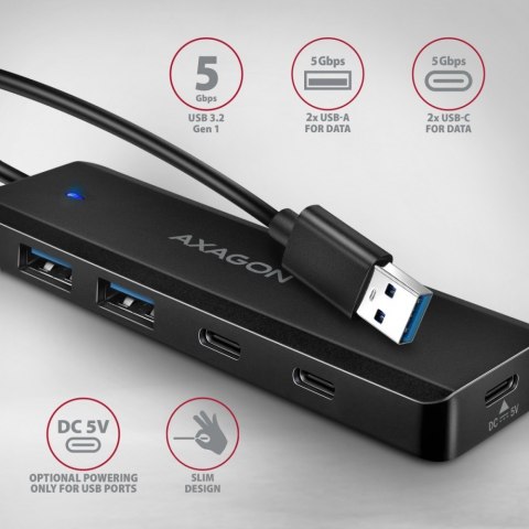 HUE-C2A HUB 4-portowy 5gbps 2x USB-A 2x USB-C, USB-C power in, kabel Type-A 19cm