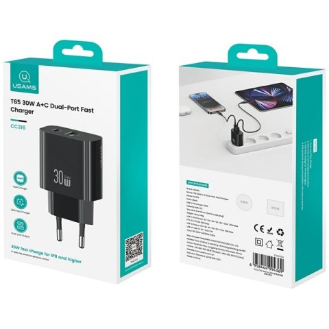 Ładowarka sieciowa 30W 1xUSB-C 1xUSB-A Fast czarging Czarna