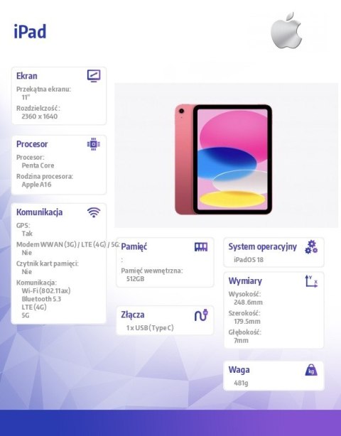 IPad WiFi + Cellular 11 cali 512 GB Różowy