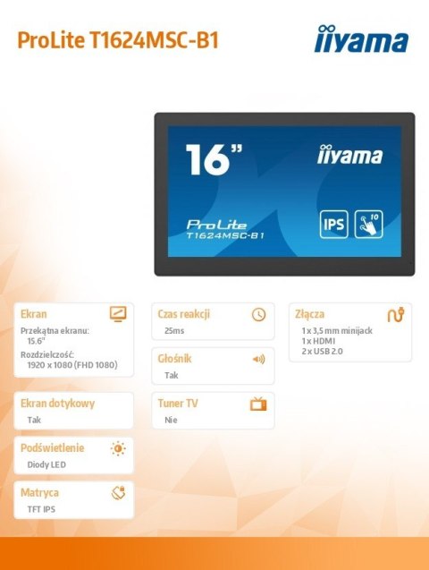 Monitor 15.6 cali T1624MSC-B1 IPS,poj.10pkt.450cd,24/7,media player,6H
