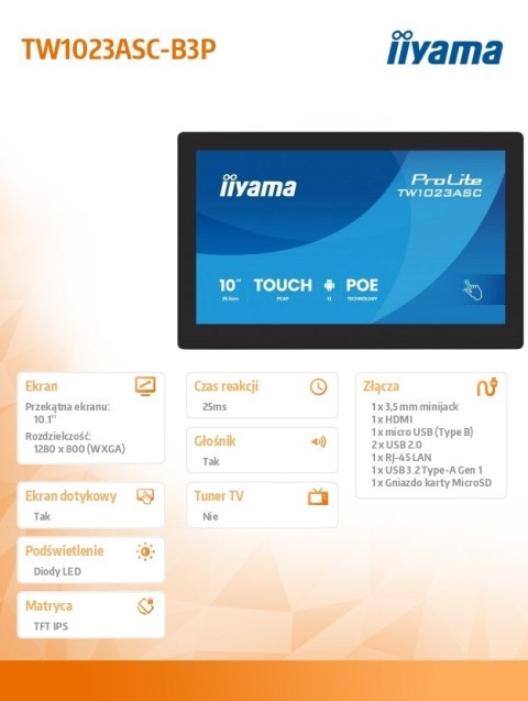 Monitor dotykowy 10 cali TW1023ASC-B3P 10P.DOT.IPS,ANDROID,WIFI, 4xUSB, RJ45, MIC, 24/7, iiSignage