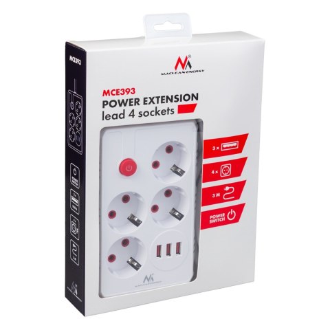 MACLEAN LISTWA ZASILAJĄCA, PRZEDŁUŻACZ 4 GNIAZDA + 3XUSB, 110-240V AC 50/60HZ, 2.1A MAX 2500W, 3M, BIAŁA MCE393 W