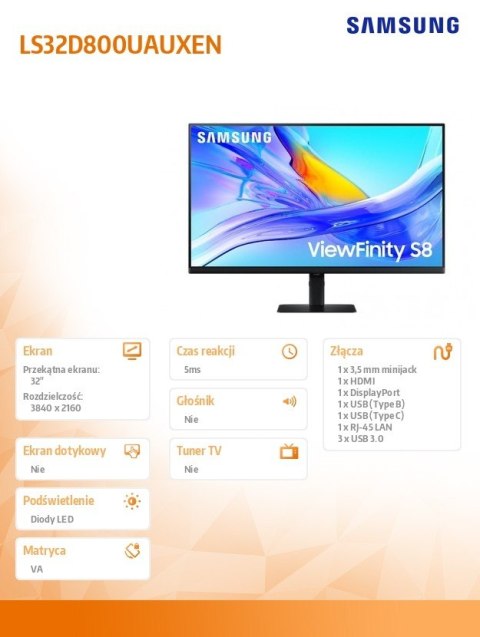 Monitor 32 cali ViewFinity S80UD VA 3840x2160 UHD 16:9 1xHDMI 1xDP 1xUSB-C 90W 3xUSB-A 5ms PinP/PbyP 60Hz HAS+PIV płaski 3YOn-S