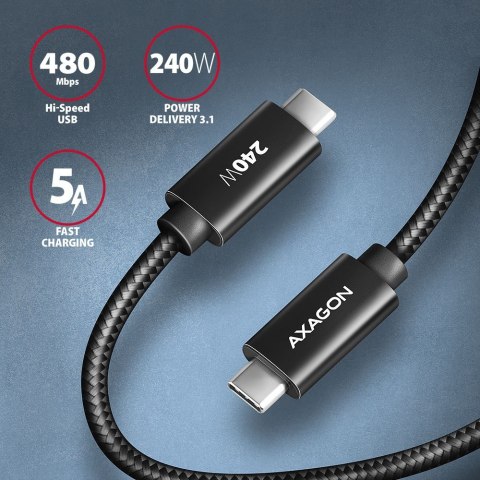 BUCM2-CM20AB Kabel USB-C - USB-C, 2.0m 5A charging, ALU, 240W PD, oplot, USB2.0, czarny